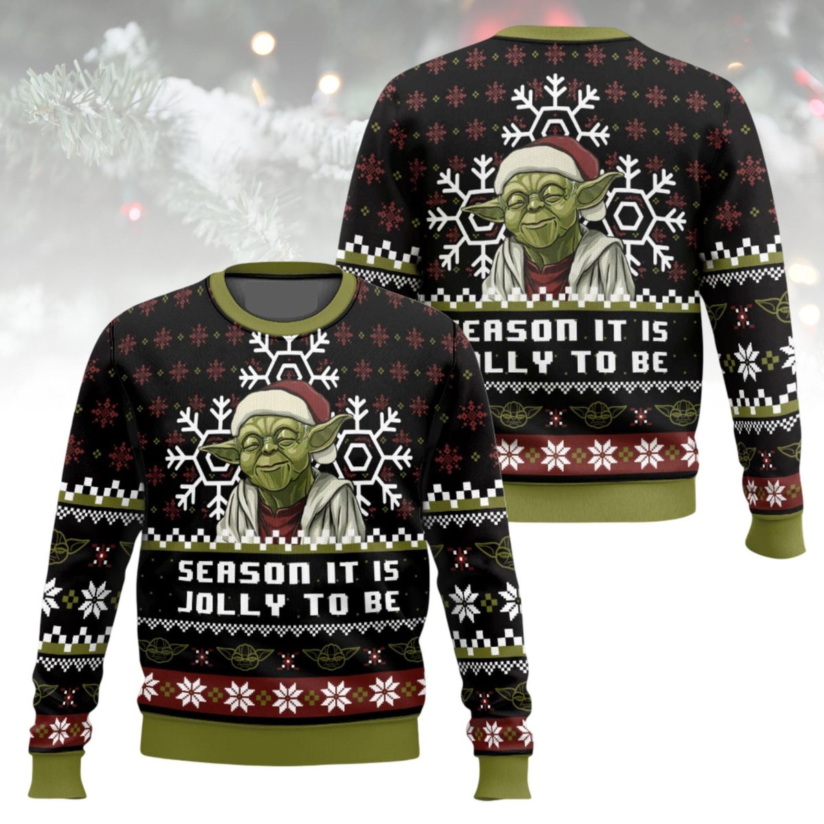 Yoda Season It Is Jolly To Be Black Green Ugly Christmas Sweater Holiday Knit Gift
