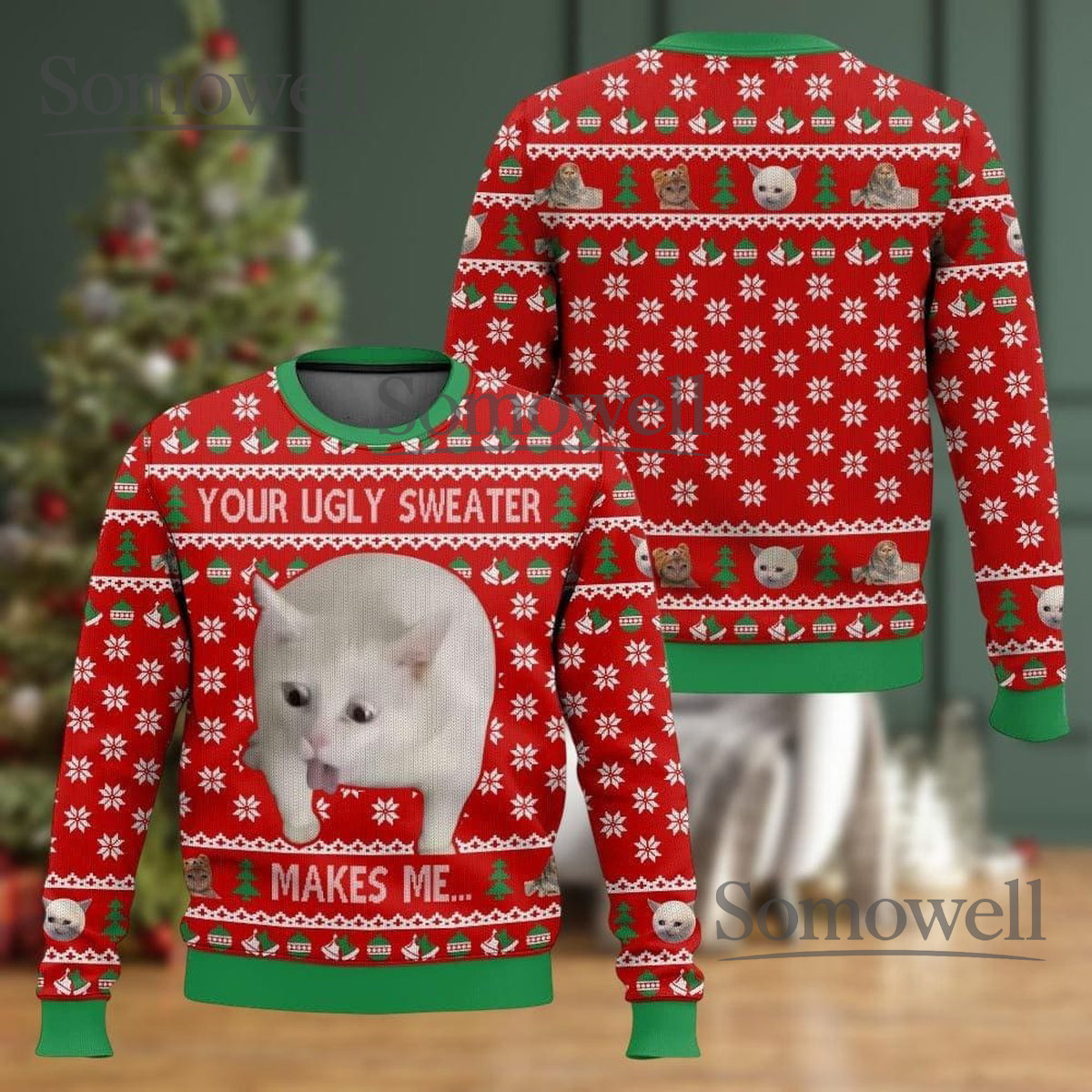 Your Ugly Sweater Makes Me Cat Meme Red Funny Ugly Christmas Sweater Holiday Knit Gift