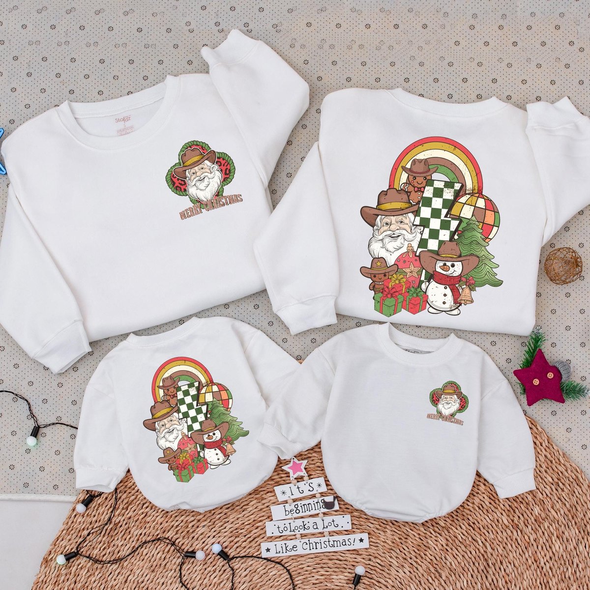 2 Sided Cowboy Santa Sweatshirt Merry Christmas Y'all Country Western Holiday Crewneck Family Sweat 182