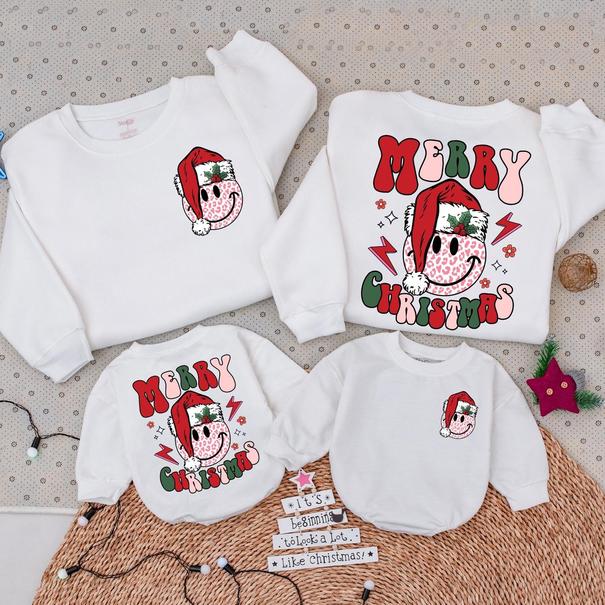 2 sided Groovy Merry Christmas Smiley Leopard Sweatshirt Baby Romper gift Family Matching Retro Holi 181
