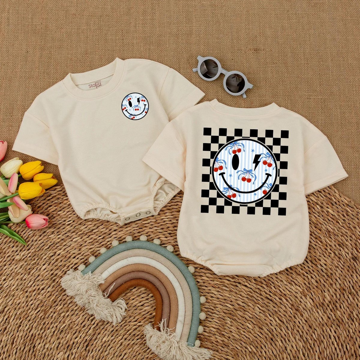 4th of July Baby Romper Retro Smile Baby Bodysuit USA Cherry Baby Clothes Patriotic Baby Outfit Memo 429