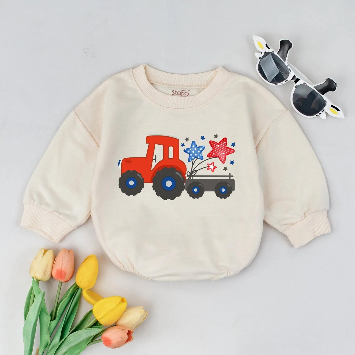 4th of July Tractor Baby Romper Patriotic Red White Blue Outfit USA Infant Bodysuit Toddler Star Bal 430