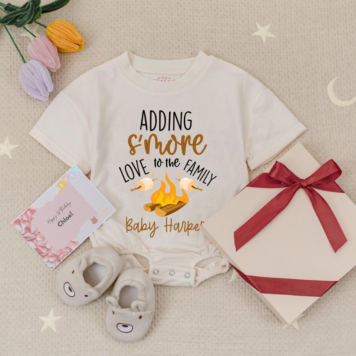 Adding S'more Love to the Family Baby Announcement Baby Romper Custom Due Date Bodysuit Personalize