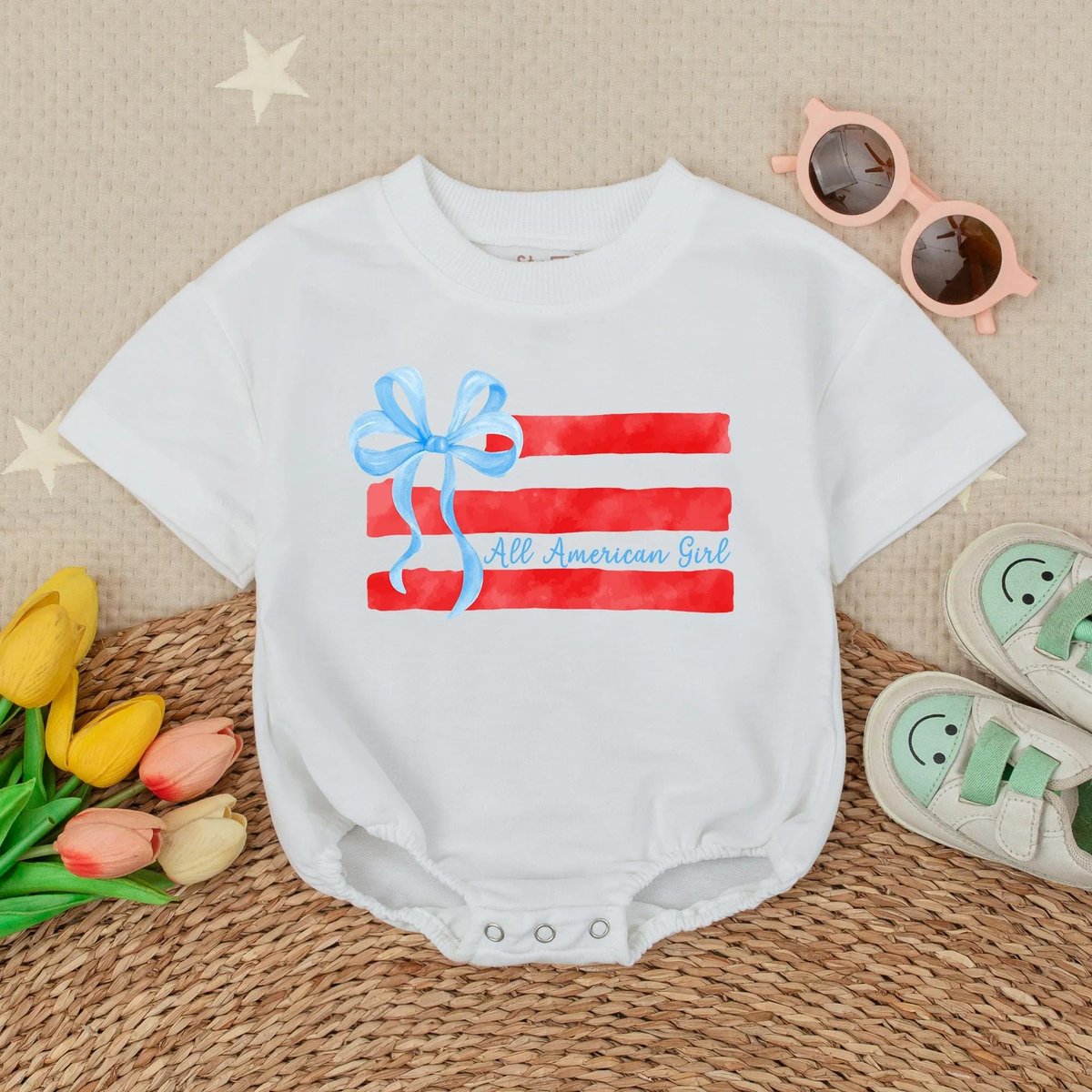 All American Girl Short Sleeve Romper American Flag 4th of July Bubble RomperKids USA Shirt USA Baby