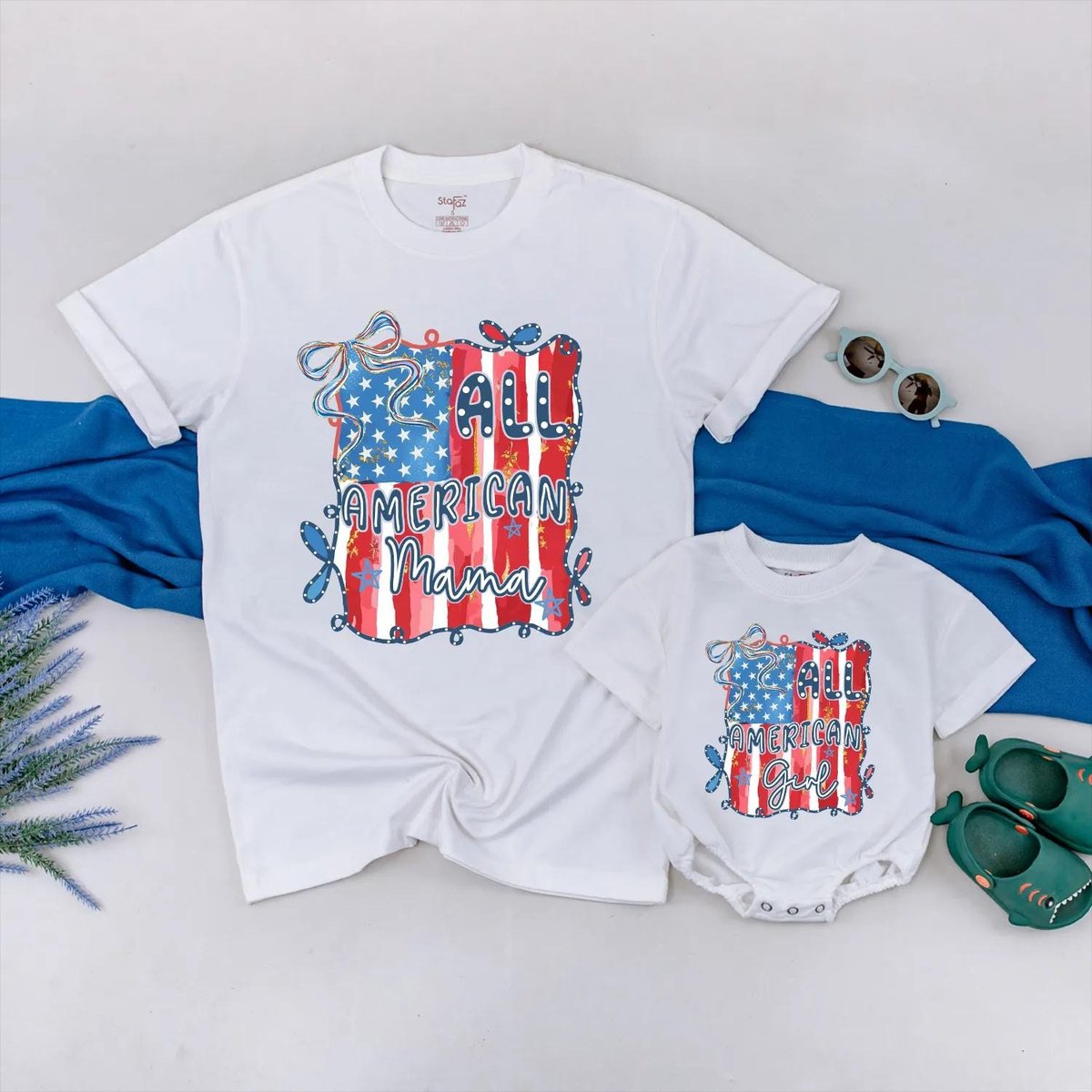 All American Mama and Girl Matching Shirt Custom Bow 4th of July Baby Romper Personalized Independen 431