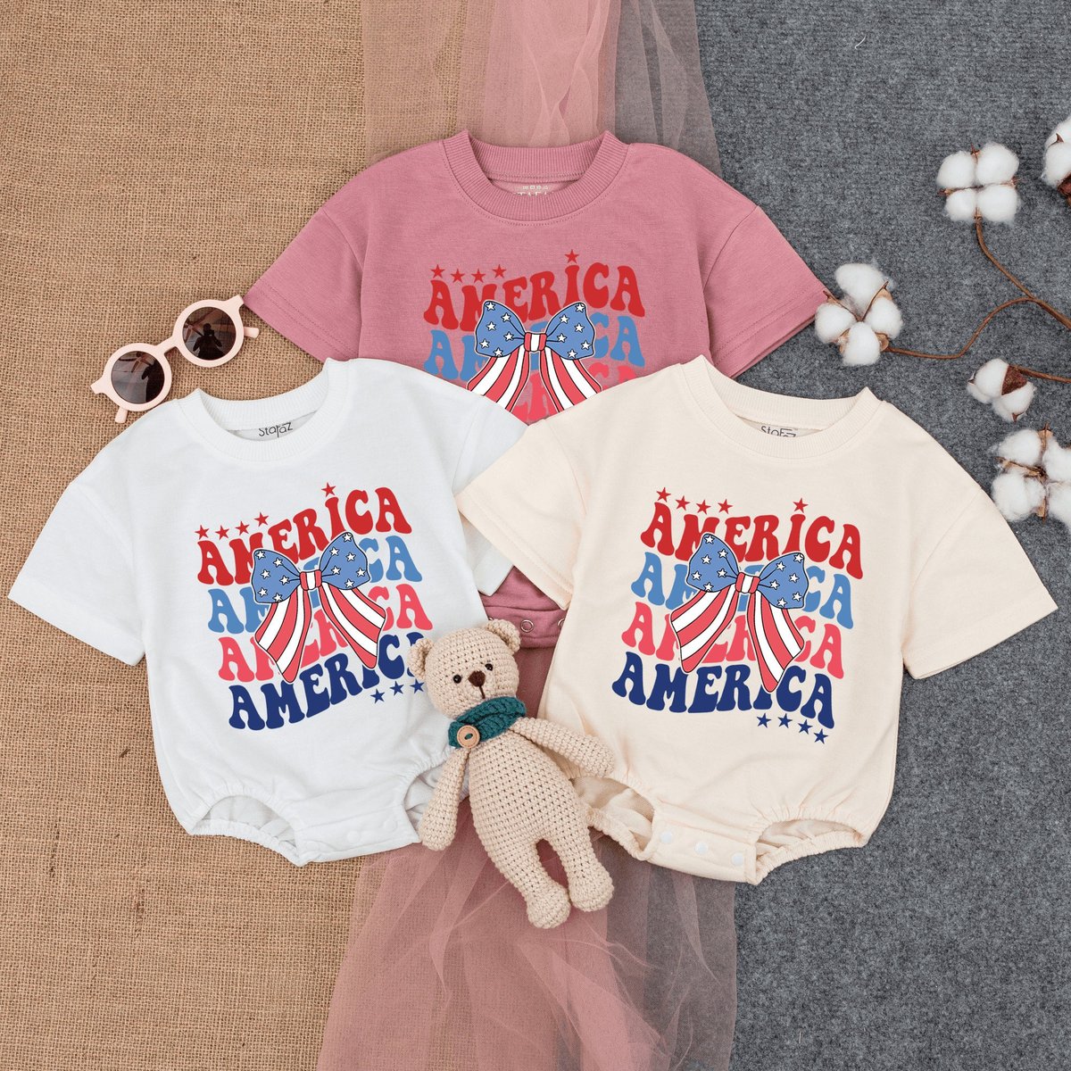 America with Flag Bow Bubble Romper Short Sleeve 4th Of July Cute Fourth of July Baby American Fla 171