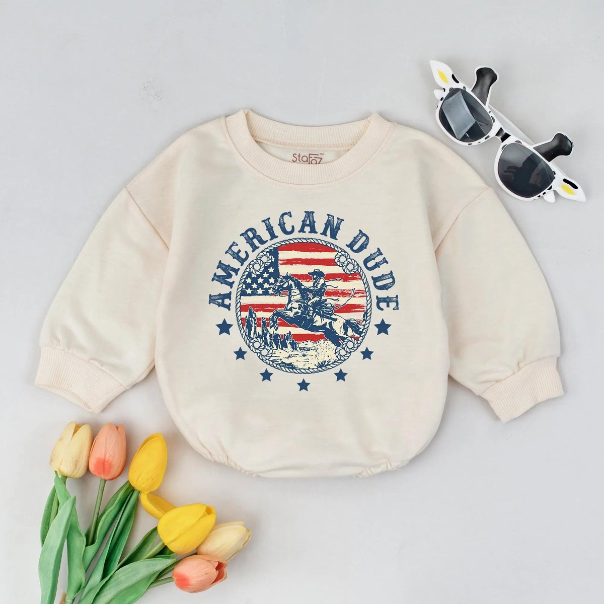American Dude Baby Romper 4th of July Baby Outfit Western Baby Clothes USA Cowboy Baby Romper Patrio 431