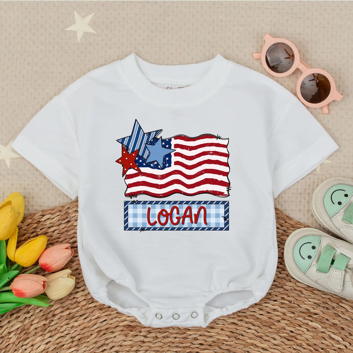 American Flag Boy Romper Custom Name Short Sleeve Bubble Romper Patriotic Baby Outfit 4th of July Ba