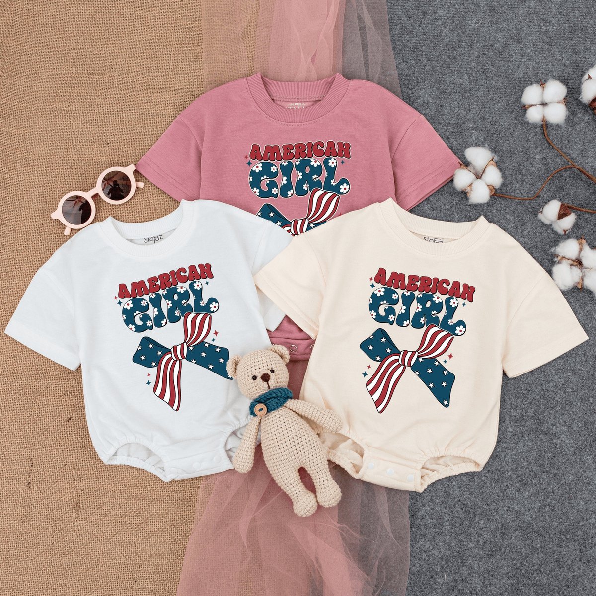 American Girl Bubble Romper Short  Sleeve Retro Patriotic Bodysuit Cute Fourth of July Baby Indepen 170