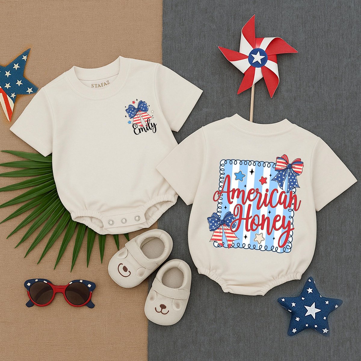 American Honey Baby Romper Bow T shirt Bubble Romper Fourth Of July Girl Outfit Patriotic Baby Cloth 430