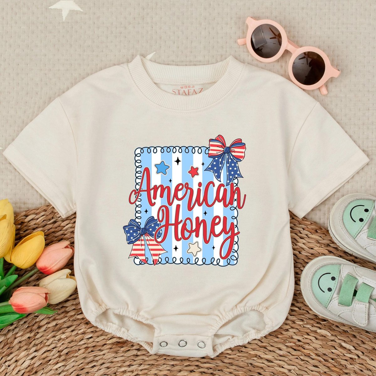 American Honey Bubble Romper Flag Bow Short Sleeve Toddler Outfit Patriotic Kids Clothes 4th of July