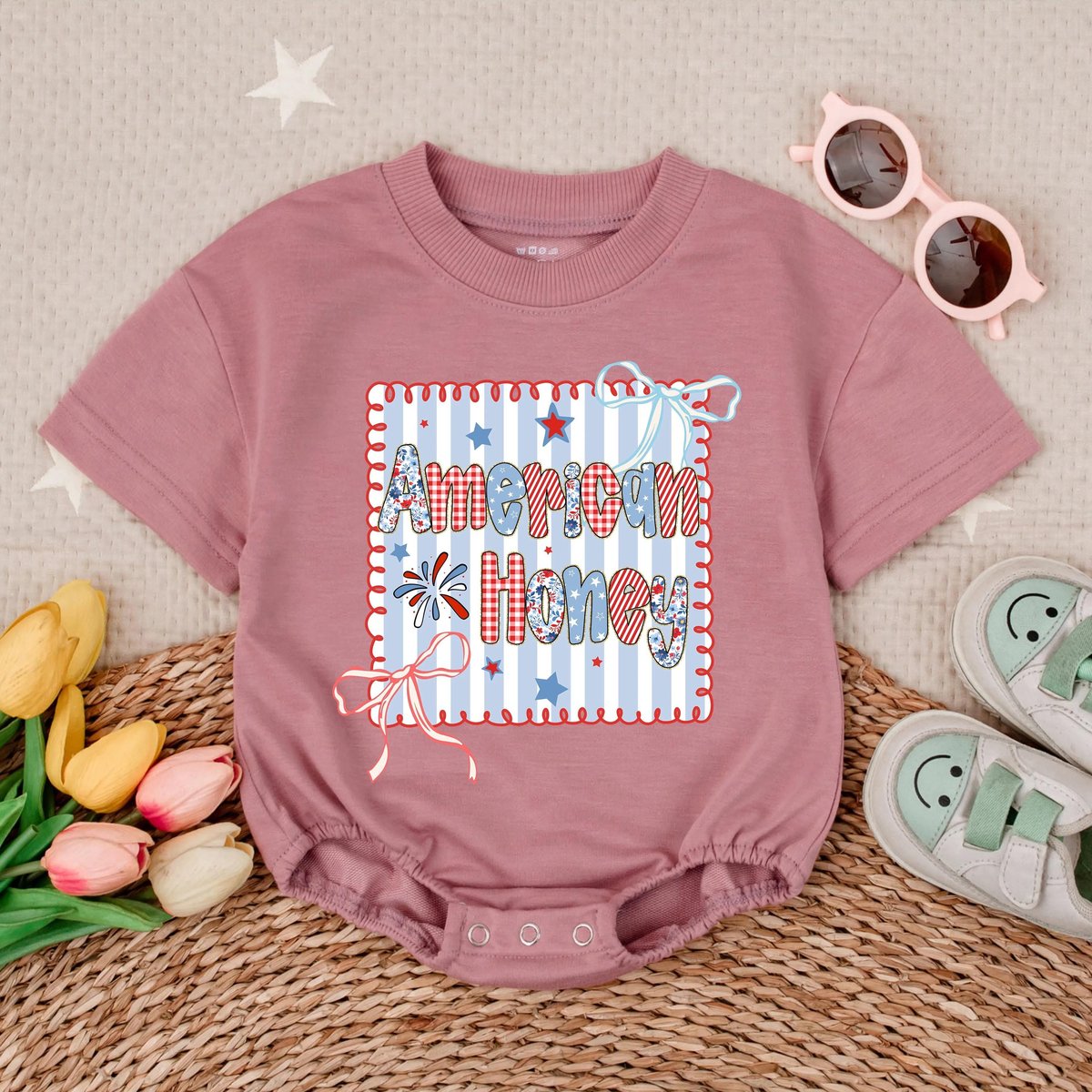 American Honey Short Sleeve Romper American Flag 4th of July Bubble RomperKids USA Shirt USA Baby Clothing