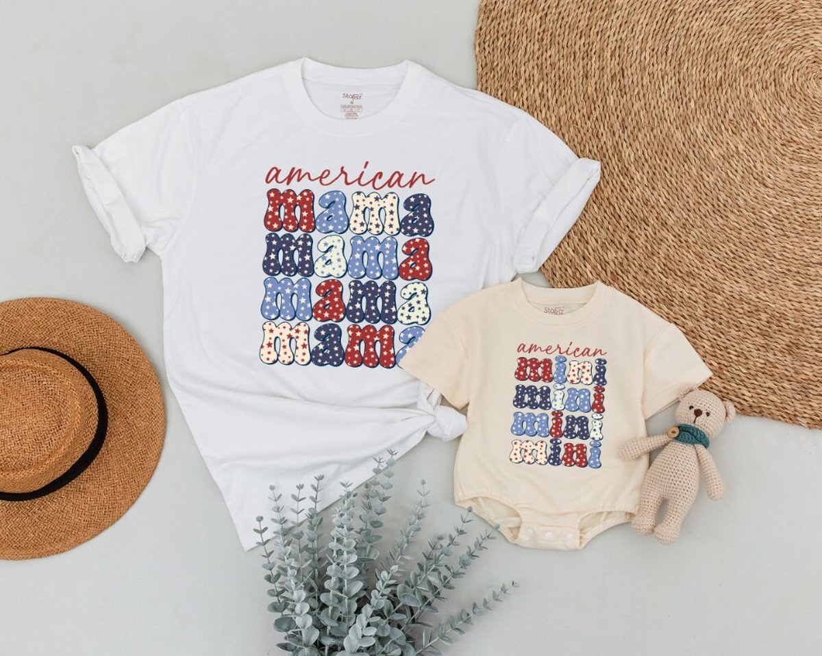 American Mama and Mini Shirts Retro Patriotic Day Shirts 4th of July Mama Mini Shirts Matching Mom a 168