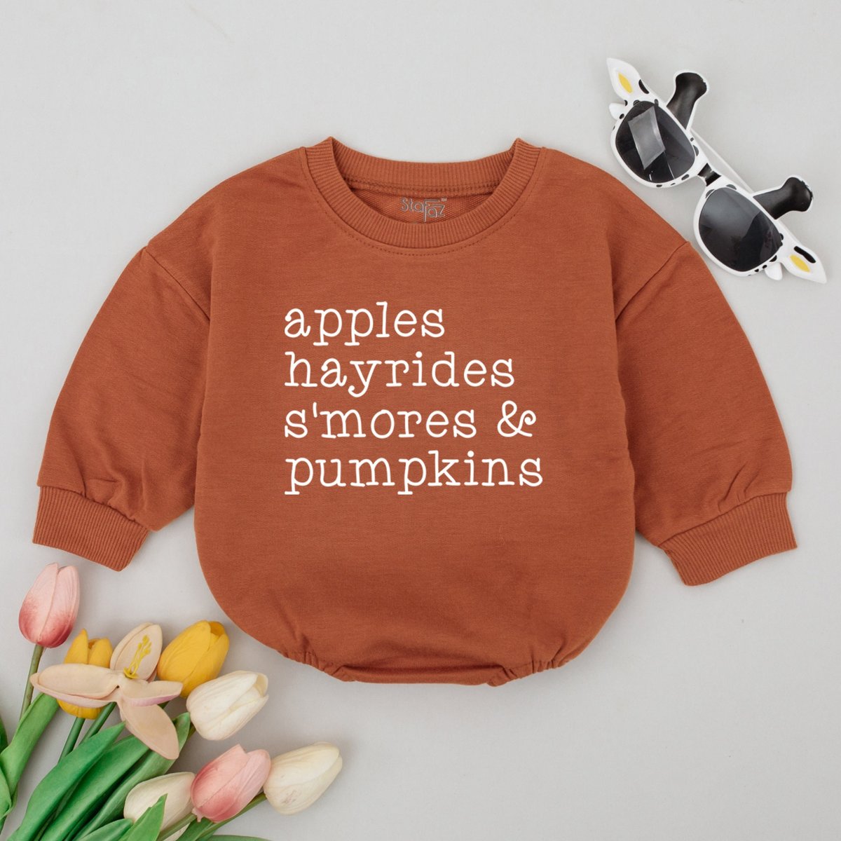 Apples Hayrides S'mores and Pumpkins Retro Natural Baby Romper Vintage Fall Bodysuit Autumn Kids Cl 172