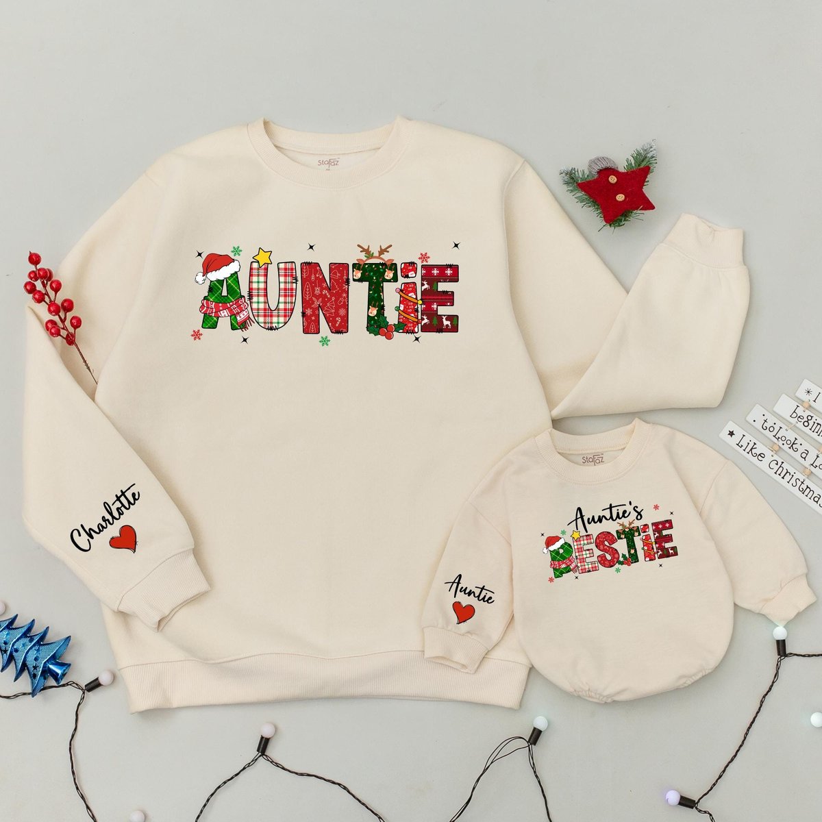 Auntie and Auntie's Bestie Christmas Sweatshirt Matching Aunt and Baby Holiday Sweater Custom Famil 436