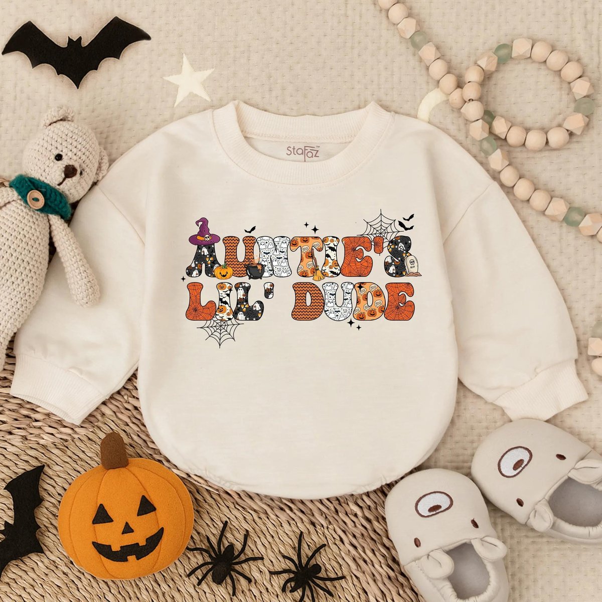 Auntie's Little Dude First Halloween Romper Baby Boy Spooky Outfit Fall Infant Bodysuit Cute Halloween