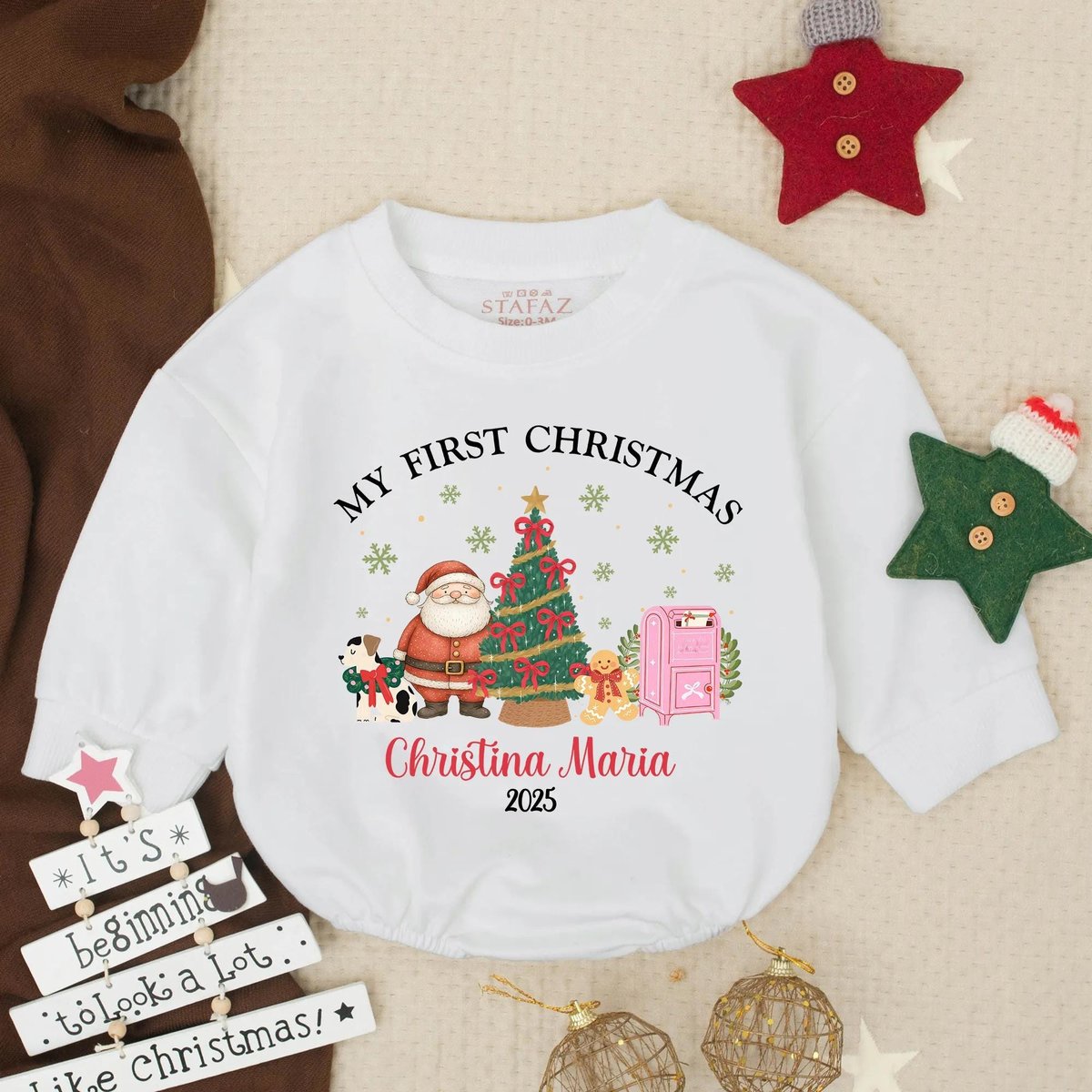 Baby Santa First Birthday Bubble Romper Personalized Christmas Outfit for Baby Holiday Sweatshirt In