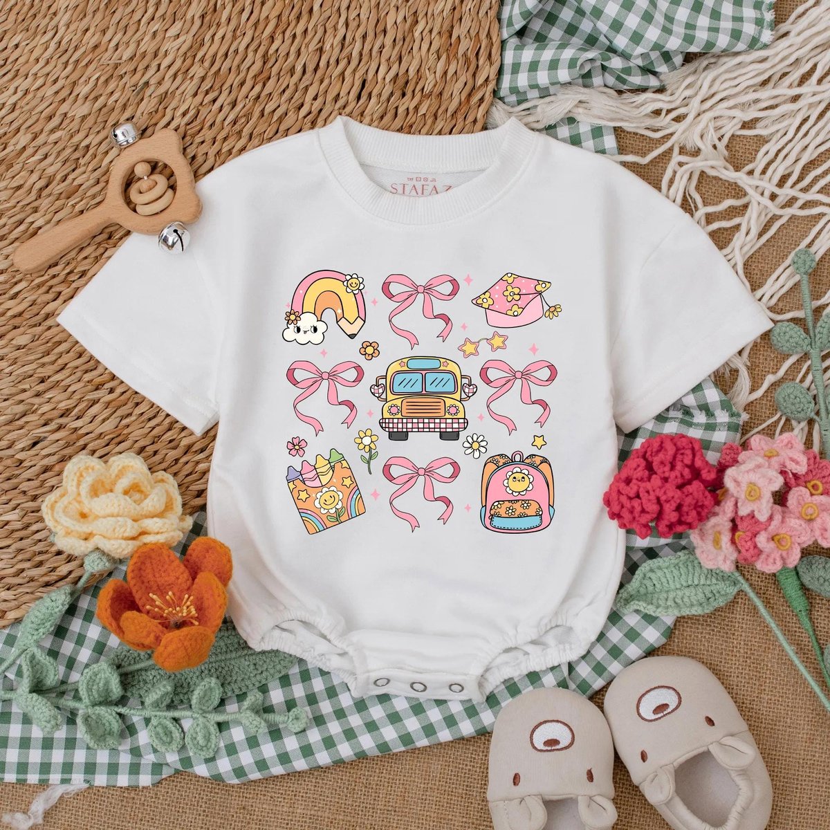 Back to School Baby Girl Romper Crayon Rainbow Baby Bodysuit Cute Preschool Outfit for First Day Gif 190