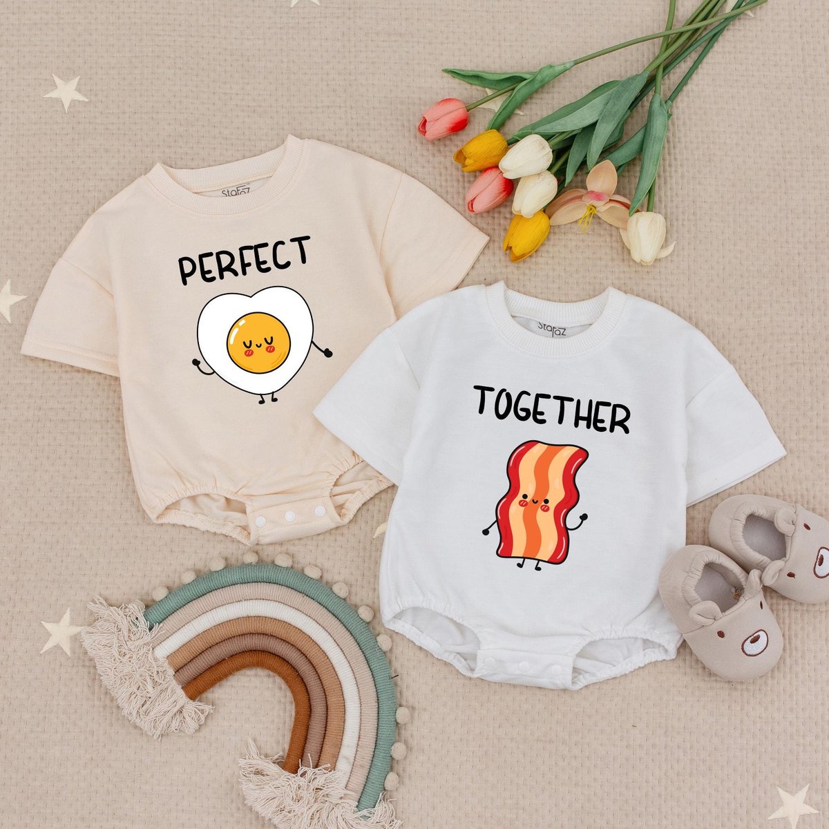 Bacon and Egg Twin Baby Romper Funny Twin Bodysuits Matching Twin Outfits Food Baby Shower Gift Unis