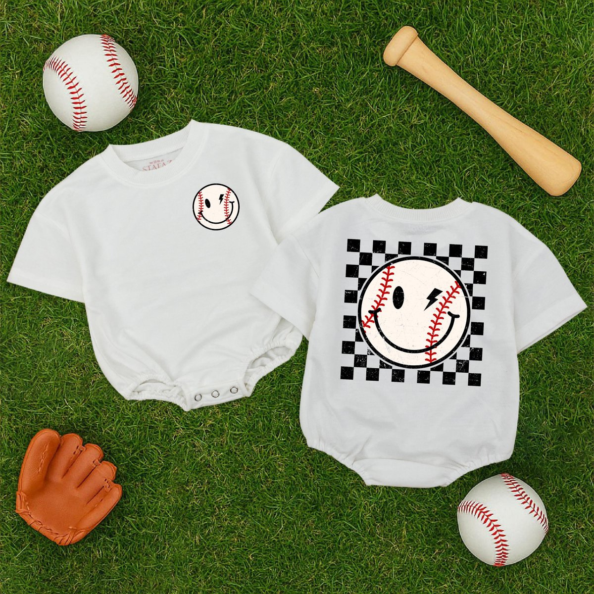 Baseball Smile Face Baby Romper Retro Checkered Game Day Bodysuit Baby Newborn Clothes Bubble Romper 174