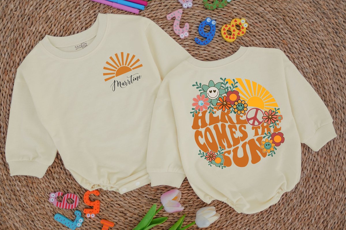 Beige Sun Romper Here Comes The Sun Romper Retro Romper Unisex Kids Body 100 Organic Cotton Oversize 153