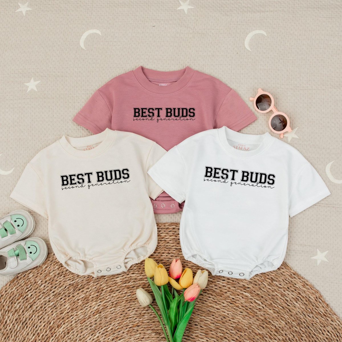 Best Buds Second Generation Baby Romper Short Sleeves Baby Announcement Baby Clothes Best Friend