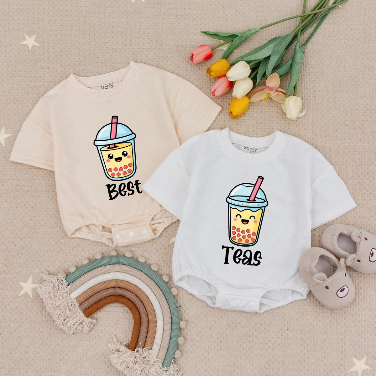 Best Teas Twins Baby Romper Funny Baby Bodysuits for Twins Matching Baby Tea Lover Outfits Cute Baby