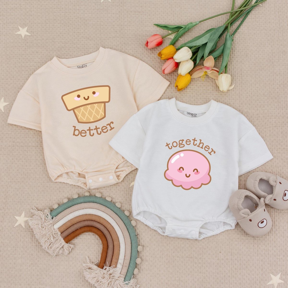 Better Together Twin Ice Cream Kids Baby Romper Cute Ice Cream Baby Clothes for Newborn Outfit Baby