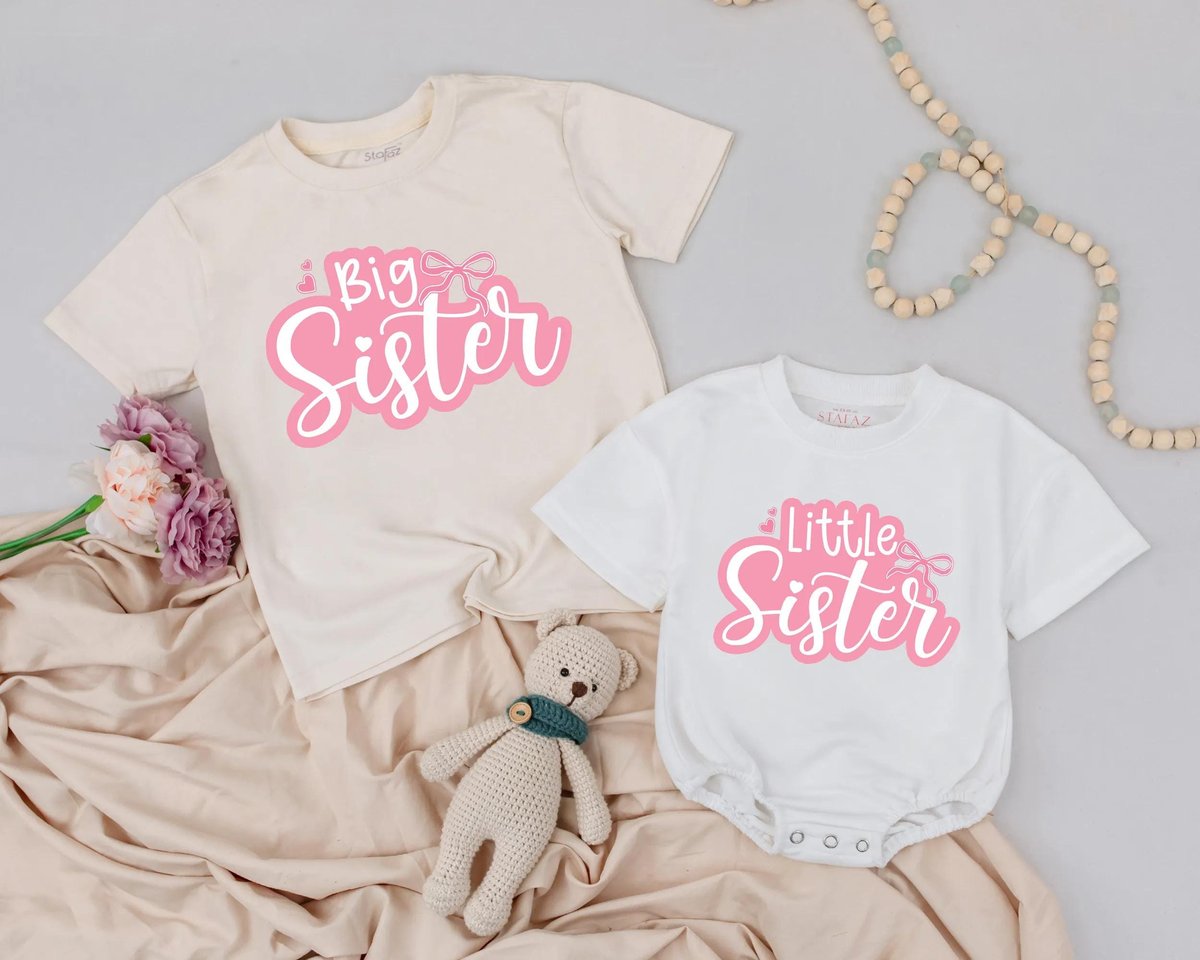 Big Sister and Little Sister Outfit Matching Toddler Shirt and Baby Bubble Romper Cute Pink Bow Sibl 188