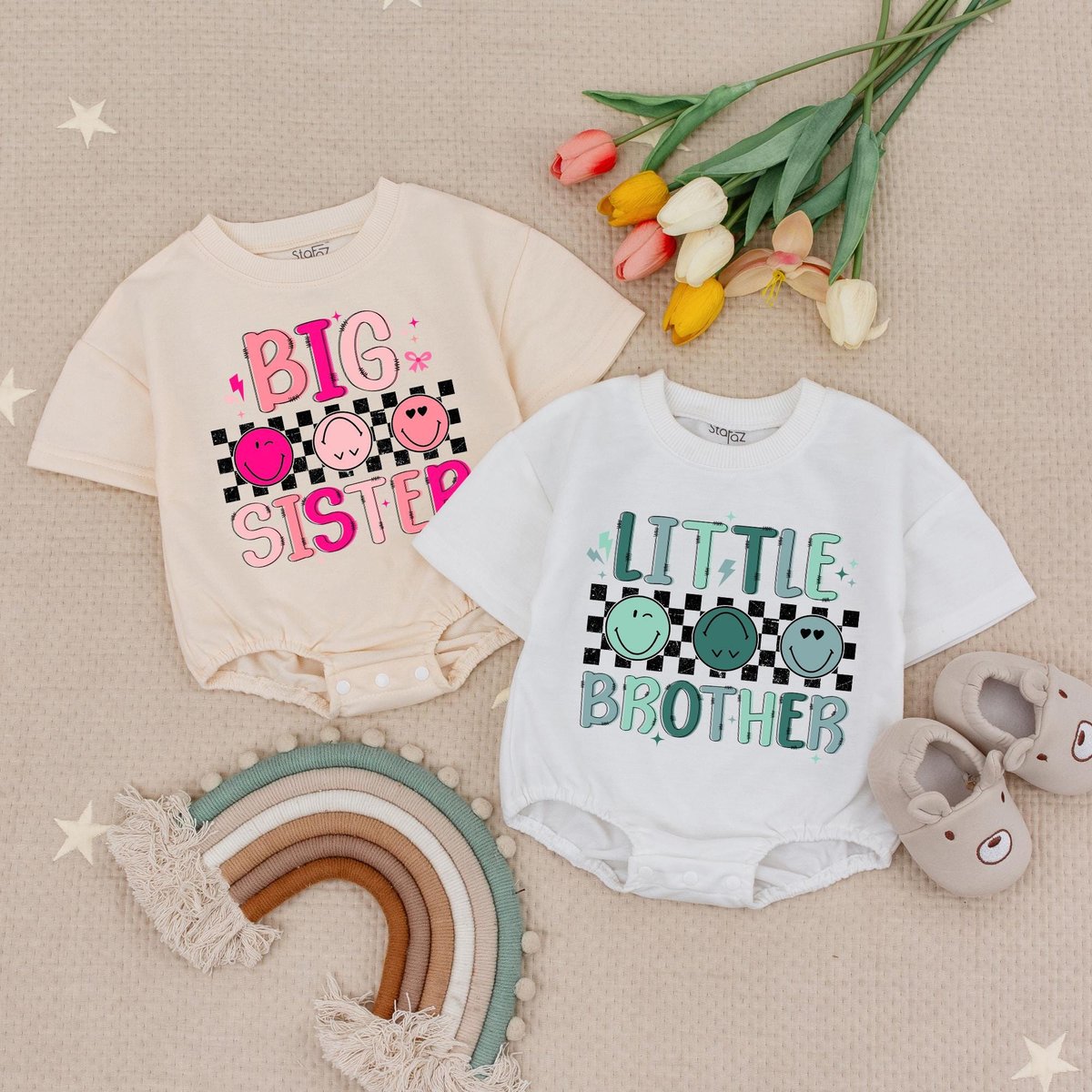 Big Sister Little Brother Matching Sibling Bubble Romper Big Brother Little Sister Tee Retro Kids Ba