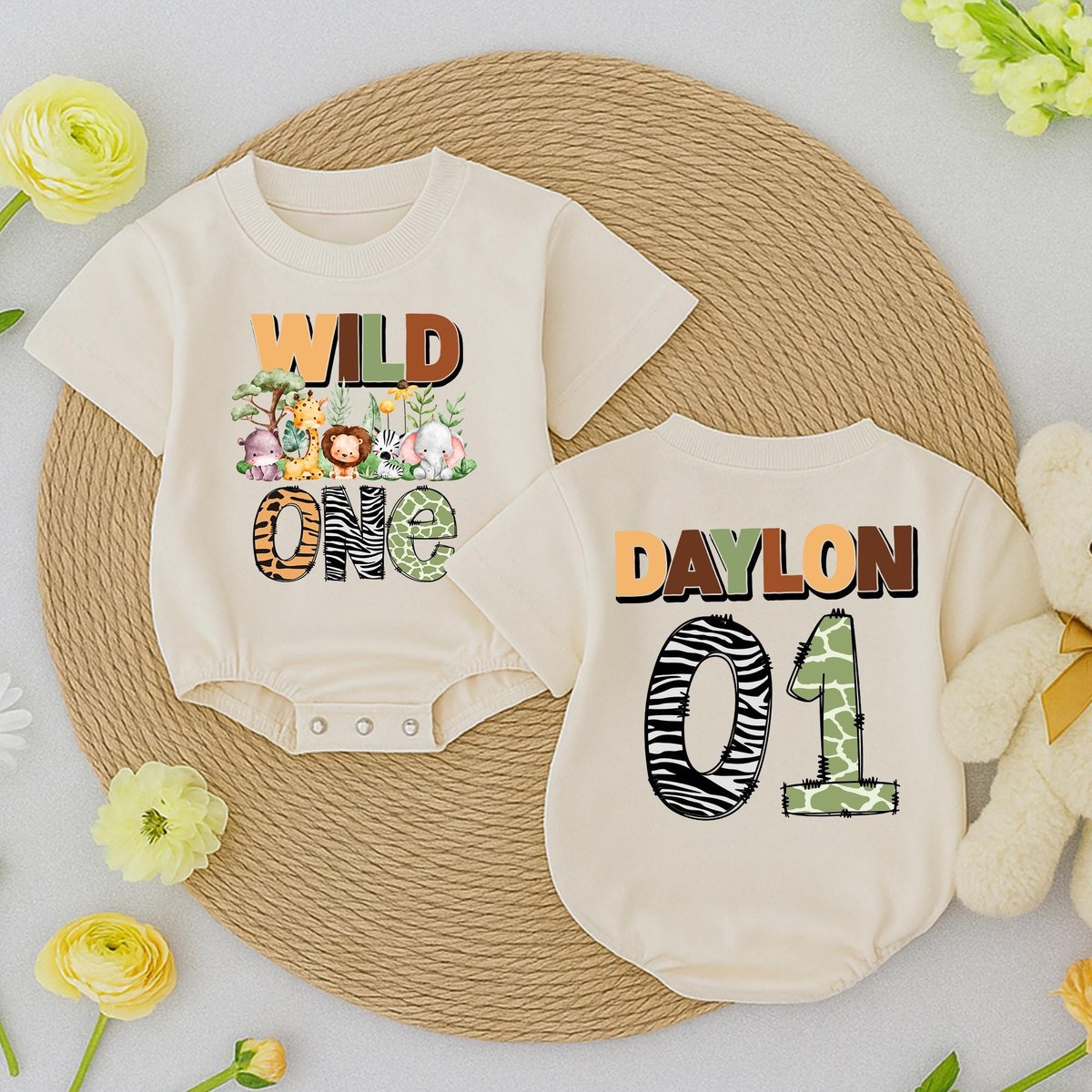 Birthday Safari Baby romper personalized Outfit with name number Wild One toddler romper jungle anim 433