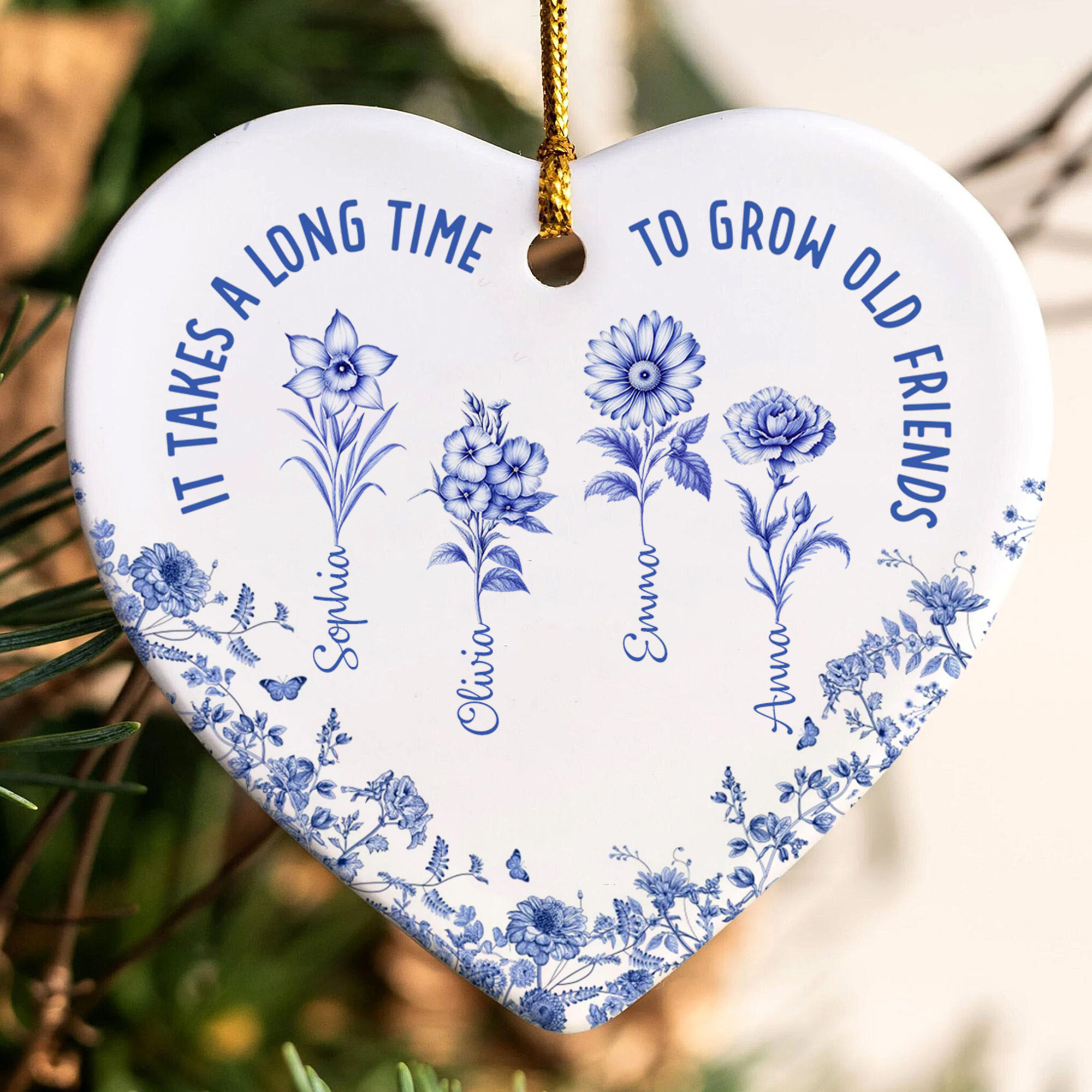 Personalized Birth Flower Heart Ornament - Ceramic Best Friend Keepsake - Christmas Gift for Her -HCO-SFC6K