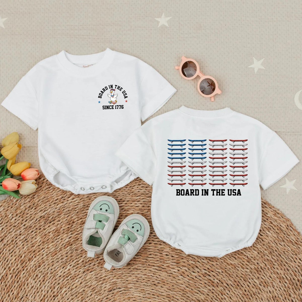 Board In The USA Bubble Romper Partriotic Summer Toddler Outfit Red White Blue Short Sleeve Clothes