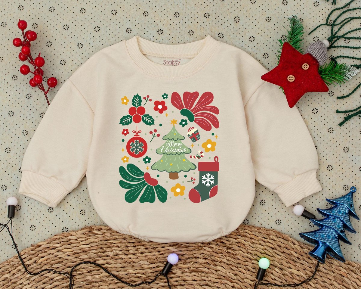 Boho Christmas Bubble Romper Vintage Christmas Outfit First Christmas Clothes Baby Announcement