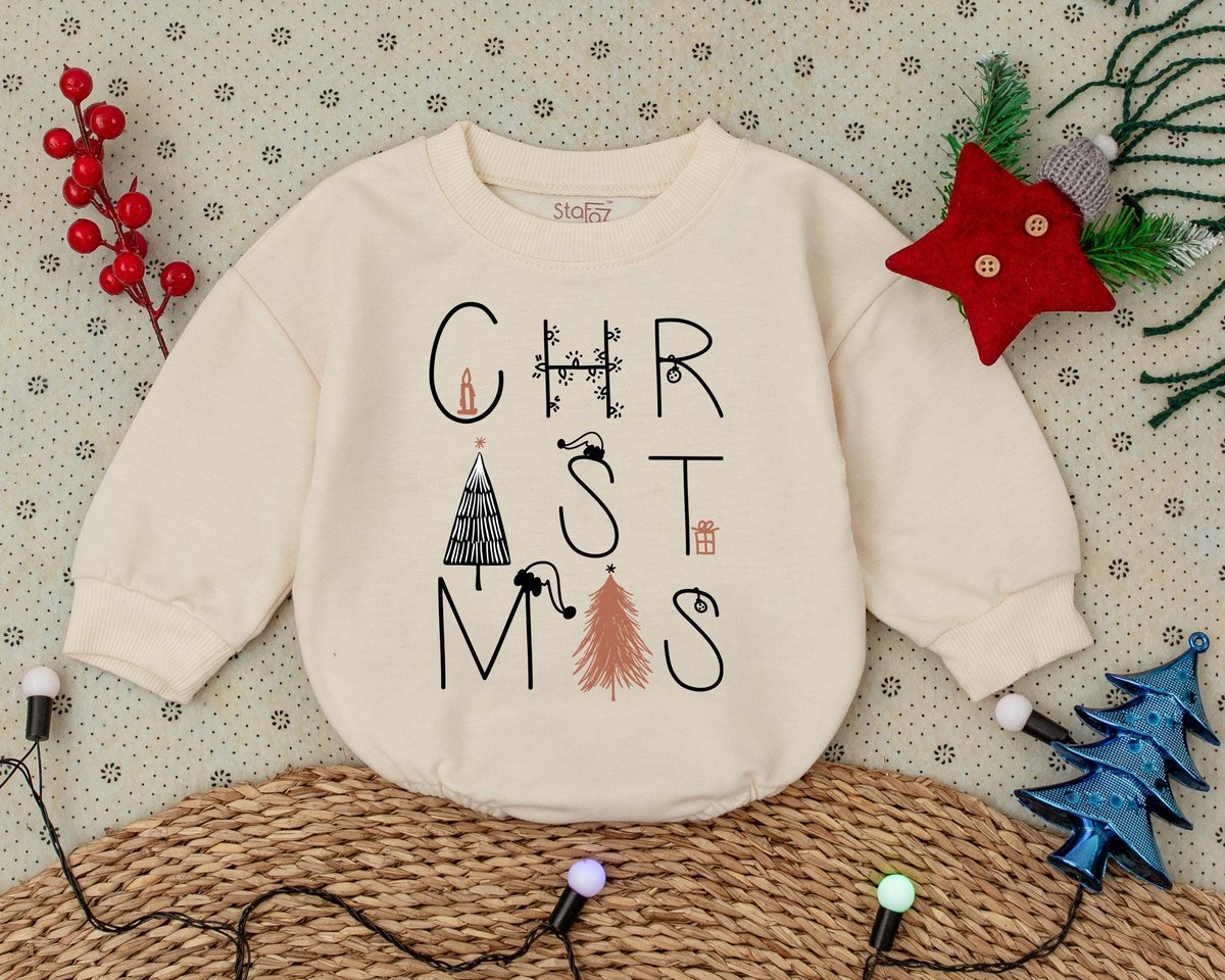Boho Christmas Bubble Baby Romper Vintage Christmas Outfit First Christmas Clothes Baby Announcement