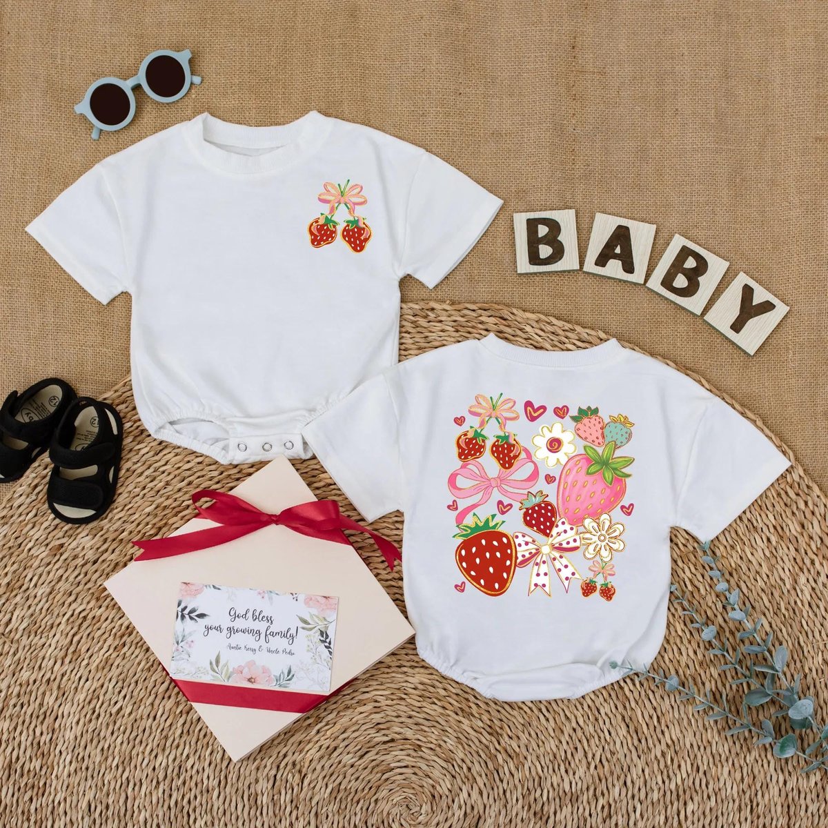 Boho Strawberry Bubble Romper Floral Strawberry Baby Bodysuit Cute Strawberries Baby Outfit Infant G 431