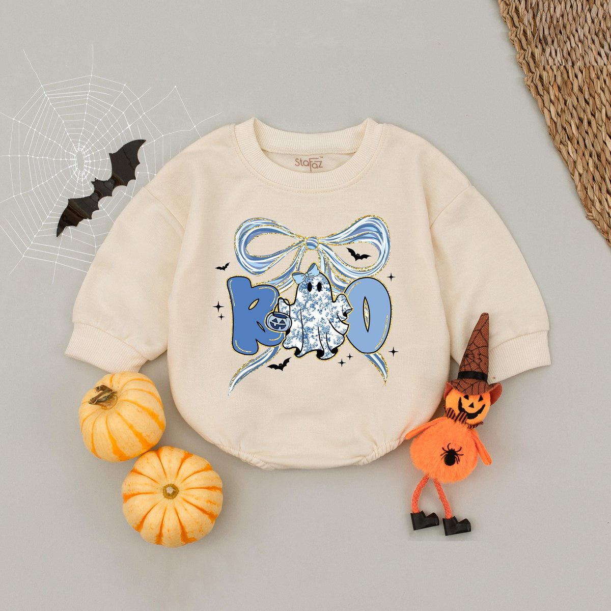 Boo Spooky Blue Bow Bubble Romper Cute Halloween Outfit for Girls Infant Toddler Fall Costume Outfit
