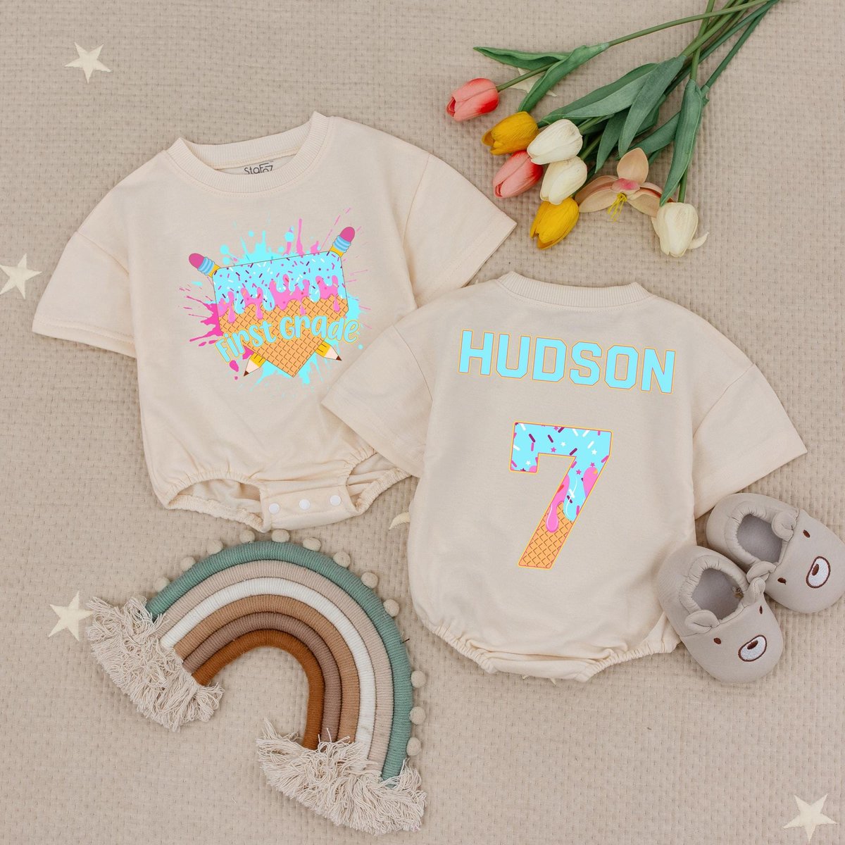 Boys Girls Custom Drip Baseball Back To School Baby Romper Custom Kid Name Tee Kindergarten First Gr