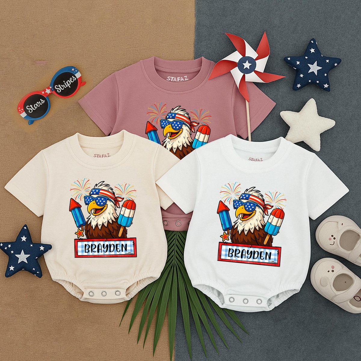 Boys Patriotic Trio Baby Romper Fourth Of July Name Romper Personalized Summer Baby Outfit Custom US 429