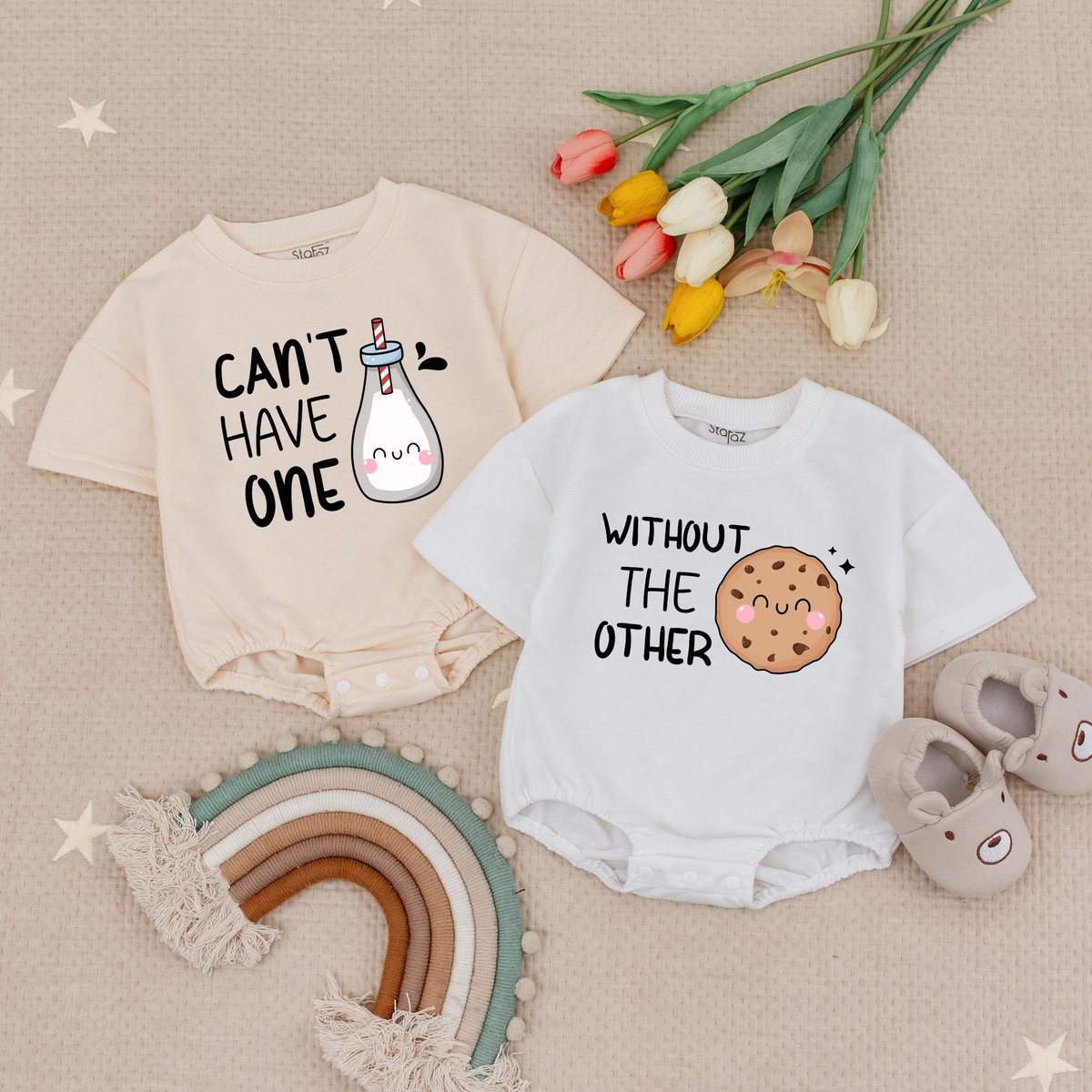 Can't Have One Without The Other Twin Baby Romper Funny Milk and Cookie Twin Babysuit Cute Best Fri