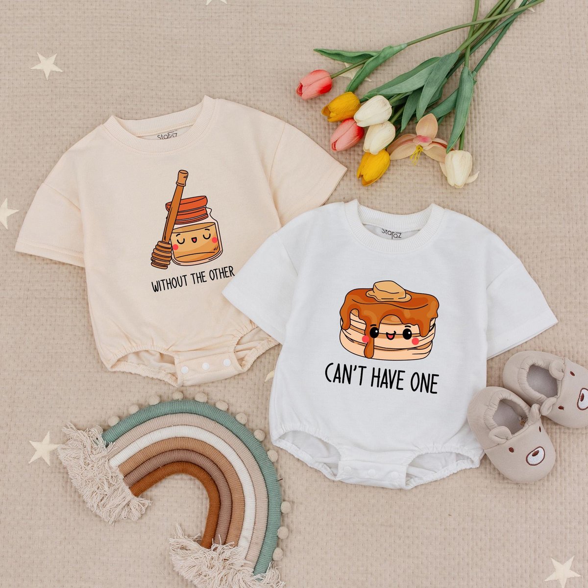 Can't Have One Without The Other Baby Romper Funny Pancake and Syrup Babysuit Cute Foodie Twins Bab