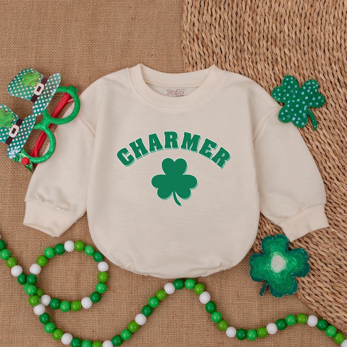 Charmer Baby Romper St Patrick's Day Bodysuit Natural Irish Baby Outfit Light Mauve Baby Romp