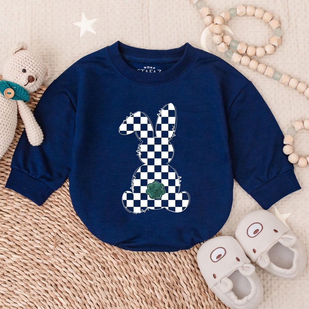 Checker Bunny Boy Bubble Romper Easter Day Baby Outfit Bubble Romper Baby Clothes Baby Romper