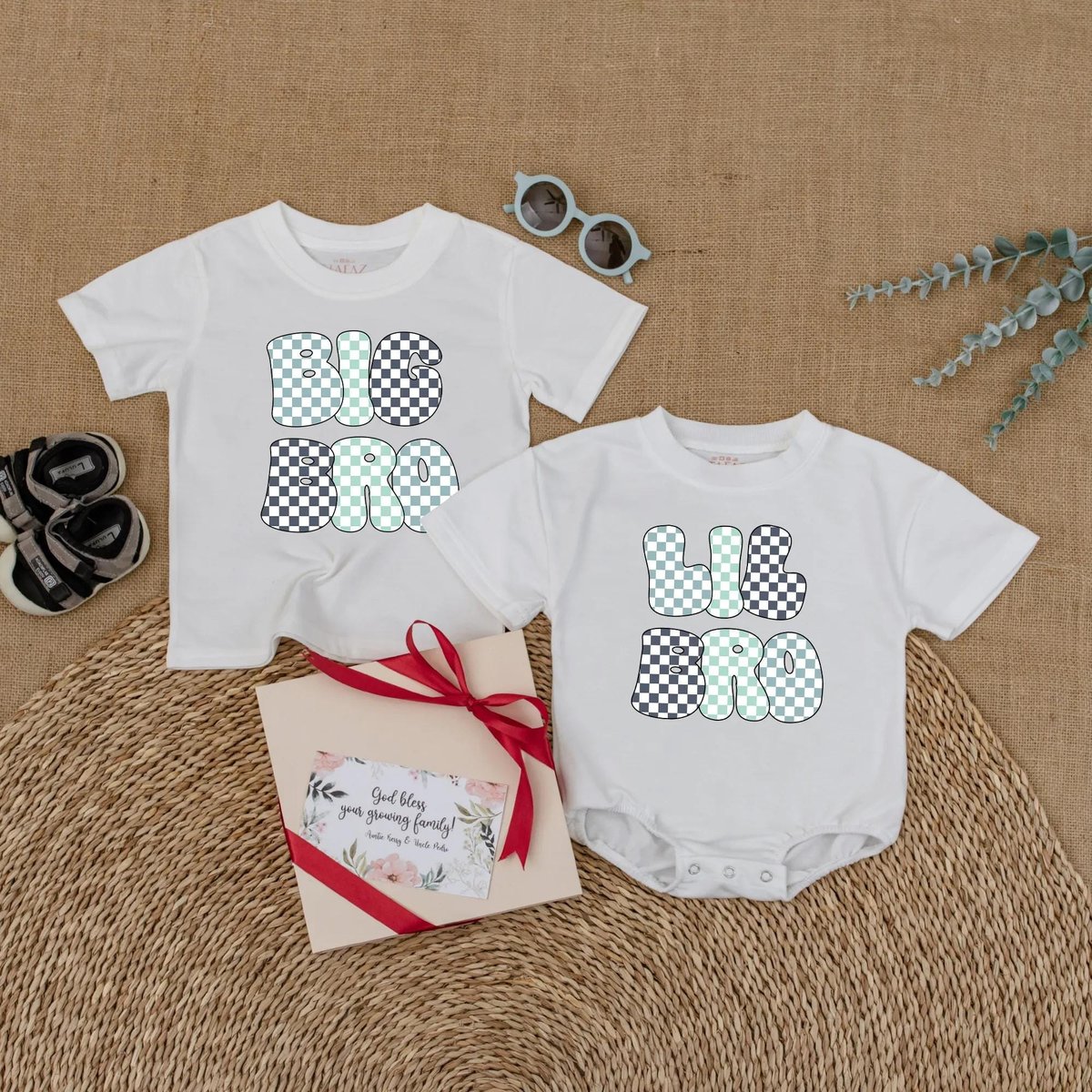 Checkered Big Brother and Little Brother T shirt or Bodysuit Brother Matching Baby Hospital Outfits 431