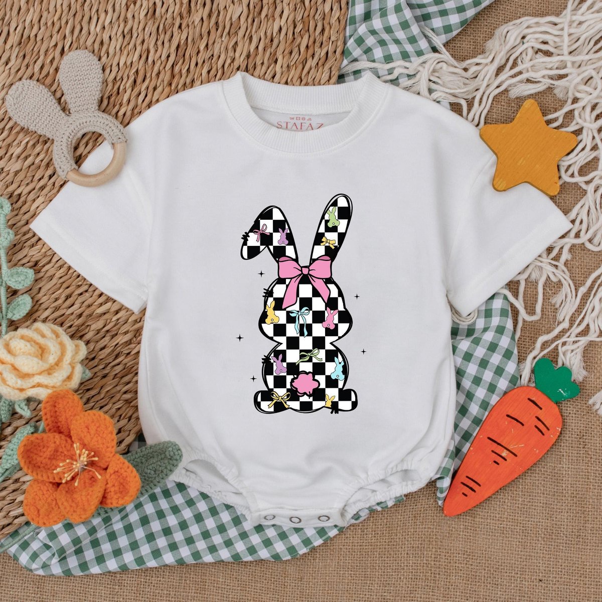 Checkered Easter Bunny Bow Baby Romper Retro Easter Bunny Baby Bodysuit Easter Day Baby Gift My Firs 186