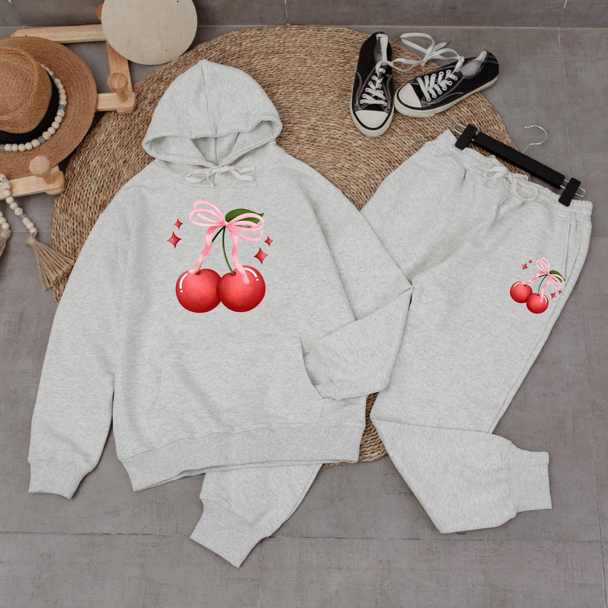 Cherry Bow Hoodie Red cherry and bow Oversized Minimalist Pullover Girly Social Club Trendy Pink Bow