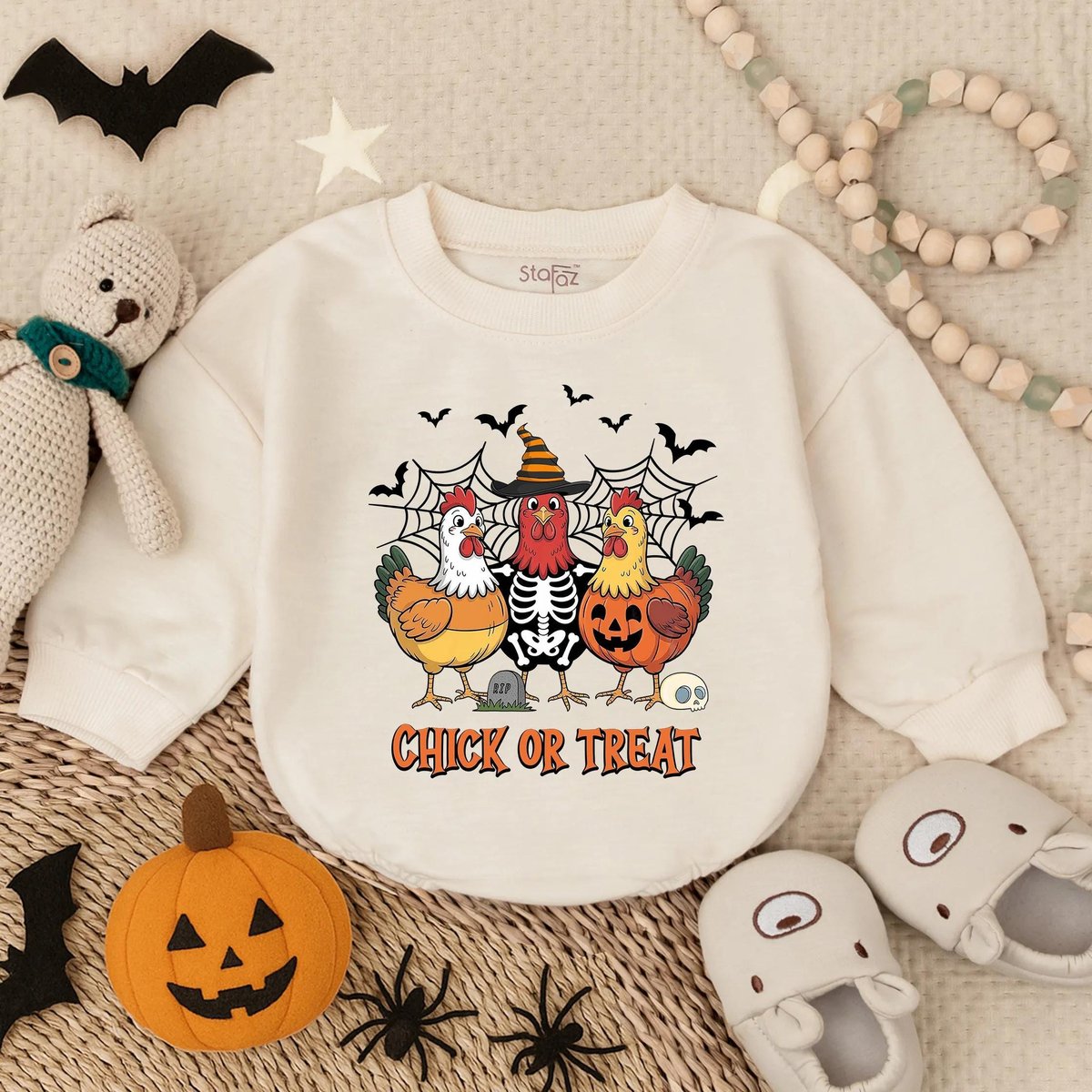 Chick or Treat Halloween Baby Bubble Romper Funny Chicken Fall Outfit Cute Infant Clothes Toddler Tr