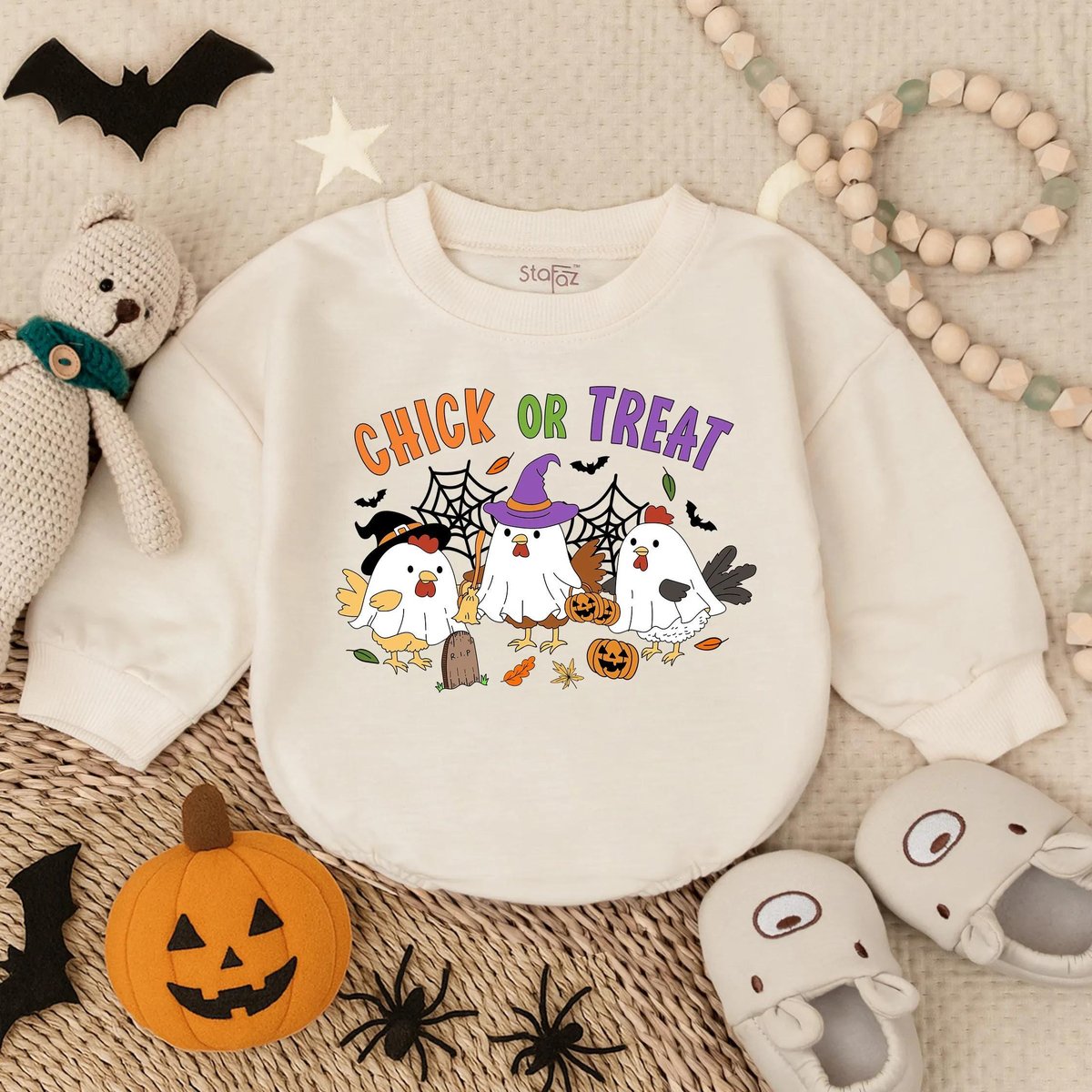 Chick or Treat Halloween Baby Romper Spooky Chicken Oversized Sweatshirt Infant Horror Costume Cut