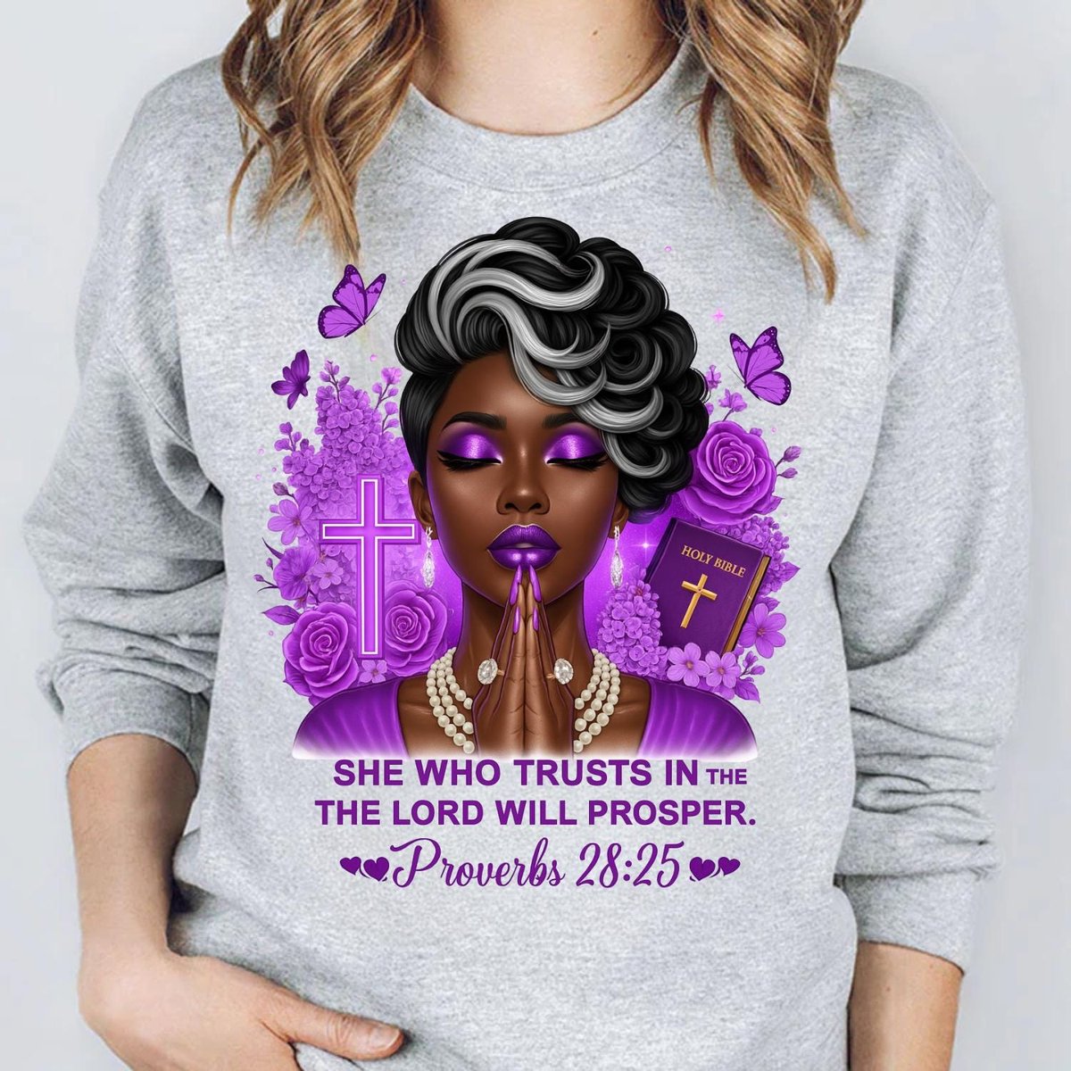 Christian Black Woman PNG Faith Quote Proverbs 28 25 Praying Bible Verses Purple Digital Download Su 433