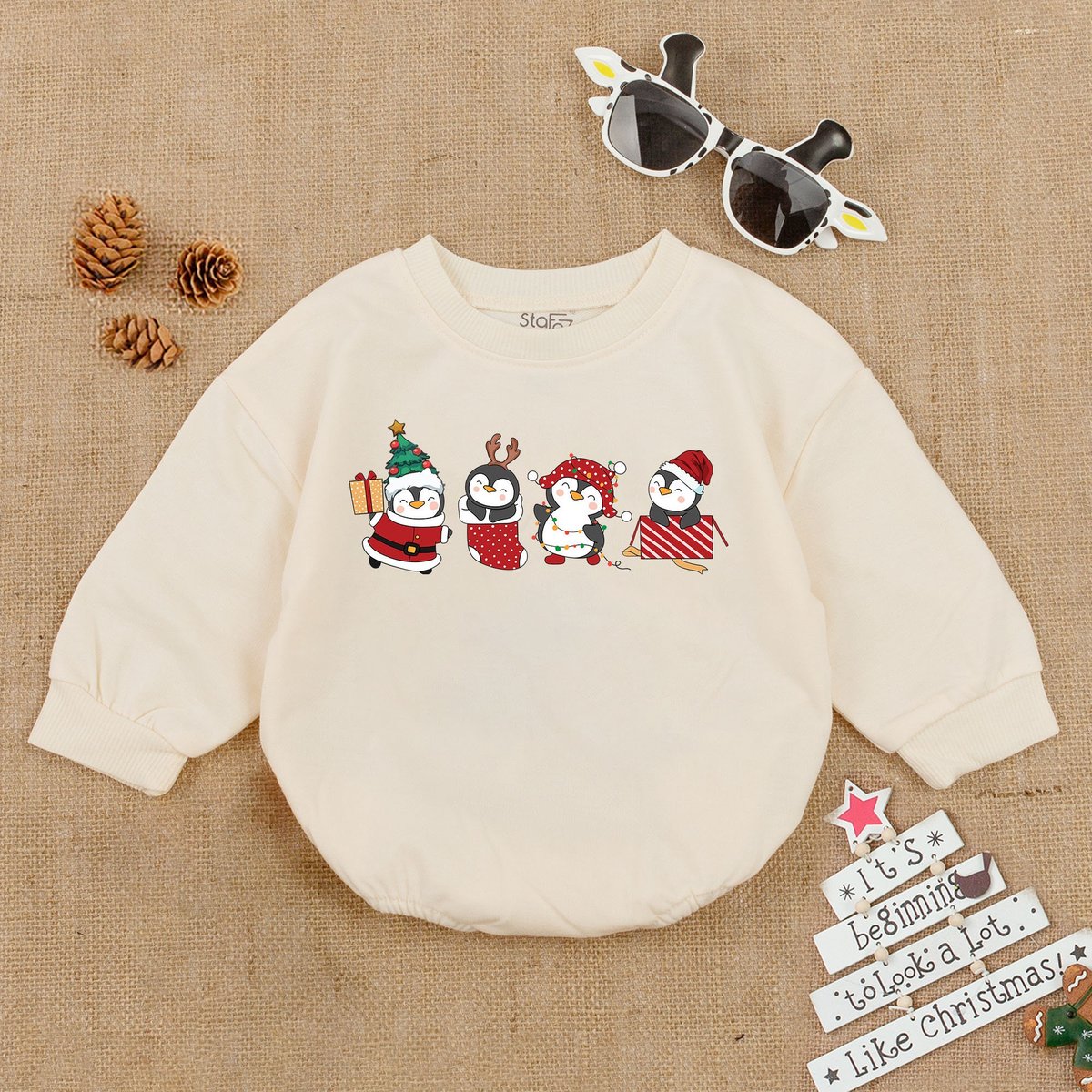 Christmas Baby Romper Penguin Merry Christmas Bodysuit Baby Bubble Romper Christmas Outfit Baby Clot